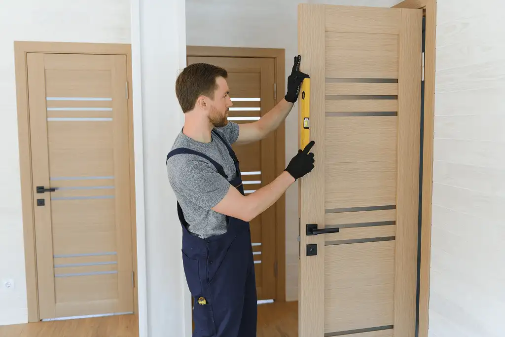 Carpintero profesional verificando el nivel y plomado de una puerta de interior de madera en un montaje en block.