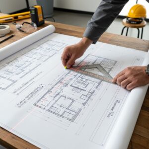 Montador técnico profesional en Valencia analizando planos de despiece y alzados con escalímetro y nivel láser para montaje de locales comerciales.