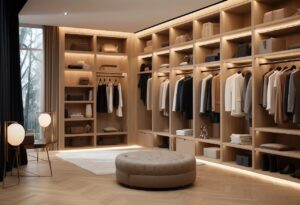 Montaje técnico de vestidor a medida en acabado madera clara, con sistemas de iluminación LED integrada, pantógrafos abatibles y cajoneras perfectamente alineadas mediante nivelación láser.